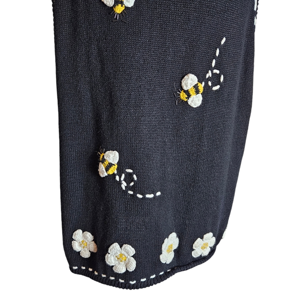 Vintage 90s Bumblebee Daisy Knit Vest Sz XL ? 3D Beaded Boho Grannycore Cottage - Picture 6 of 16